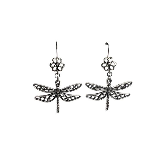 Dragonfly Dangle Earrings Flower Ear Wires Antique Silver Tone - Picture 1 of 8